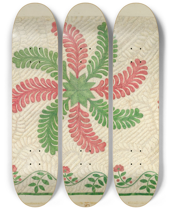 Triptych art skateboard deck of Maud M Holme Quilt Applique Pattern by Maud M Holme