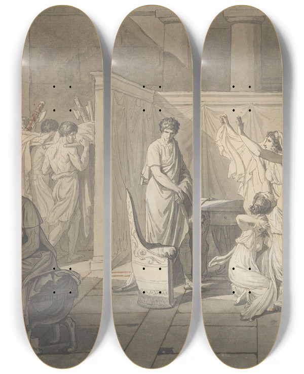 Triptych art skateboard deck of Jacques Louis David The Lictors Bringing Brutus The Bodies Of His Sons_1 by Jacques Louis David (1748-1825)