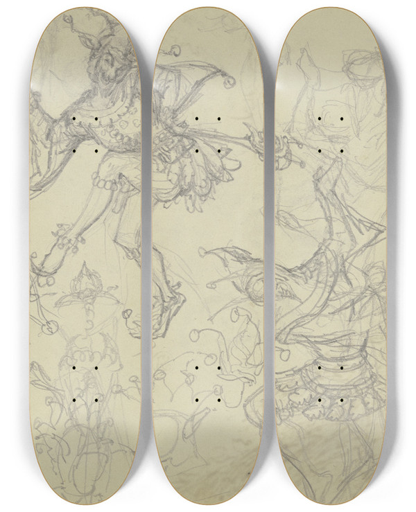 Triptych art skateboard deck of Ferdinand Fellner Dancing Harlequin by Ferdinand Fellner (1799-1859)
