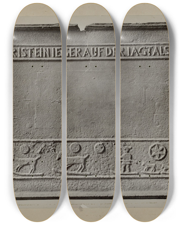 Triptych art skateboard deck of Charles Von Urban Pa German Stove Plate_14 by Charles Von Urban