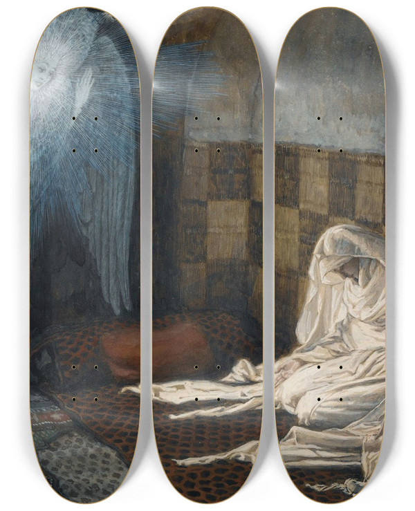 Triptych art skateboard deck of James Tissot The Annunciation by James Tissot (1836-1902)