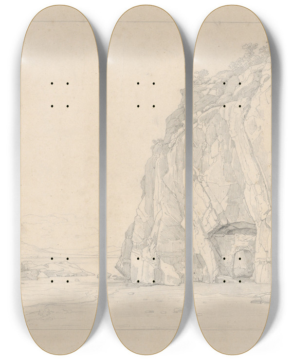 Triptych art skateboard deck of Heinrich Reinhold A Grotto Near Sorrento With A Distant View Of The Vesuvius by Heinrich Reinhold (1788-1825)