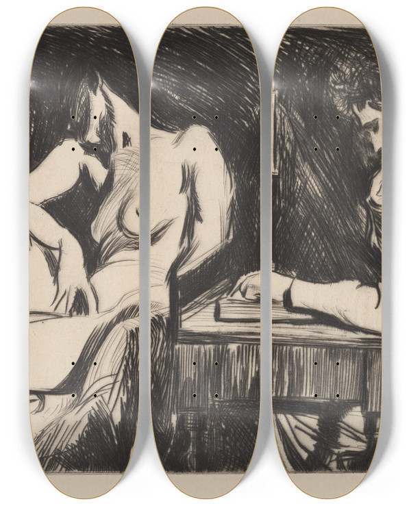 Triptych art skateboard deck of Albert Sterner Meditation by Albert Sterner (1863-1946)
