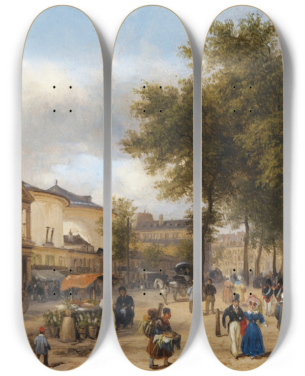 Triptych art skateboard deck of Giuseppe Canella Paris Vue Du Thtre Des Varits Sur Le Boulevard Montmartre by Giuseppe Canella (1788-1847)