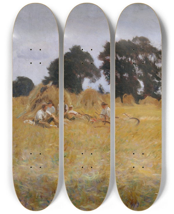 Triptych art skateboard deck of John Singer Sargent Reapers Resting In A Wheat Field by John Singer Sargent (1856-1925)