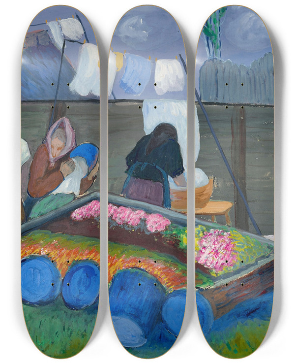 Triptych art skateboard deck of Marianne Von Werefkin Laundresses by Marianne von Werefkin (1860-1938)