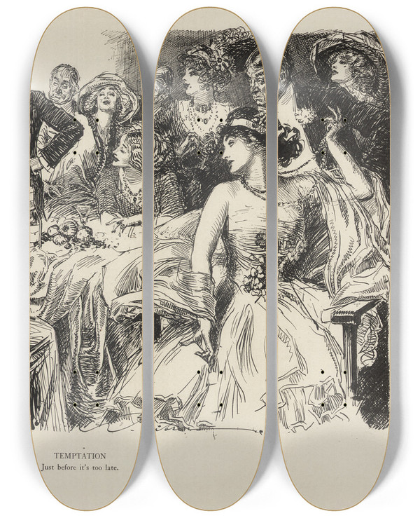 Triptych art skateboard deck of Charles Dana Gibson Temptation_2 by Charles Dana Gibson (1867-1944)
