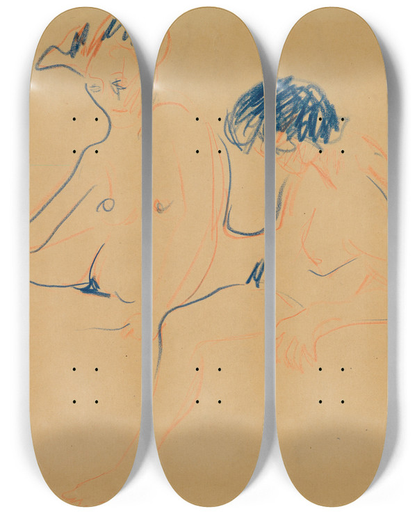 Triptych art skateboard deck of Ernst Ludwig Kirchner Zwei Sitzende Akte by Ernst Ludwig Kirchner (1880-1938)