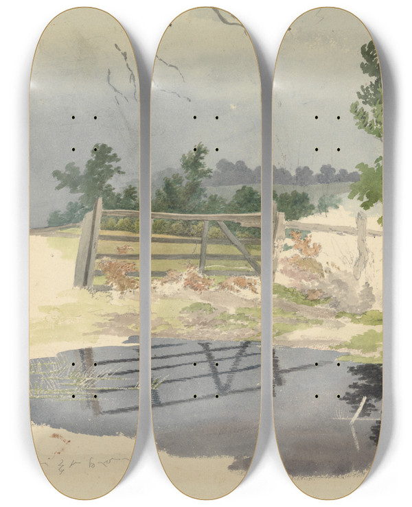 Triptych art skateboard deck of Robert Hills A Gate Reflected In A Pool by Robert Hills (1769-1844)