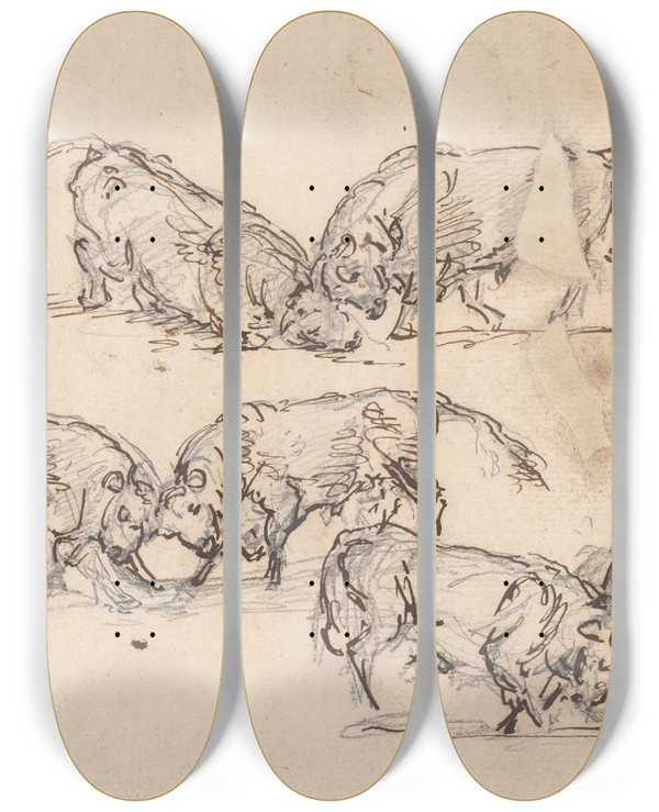 Triptych art skateboard deck of Sawrey Gilpin Studies Of Bull Fighting by Sawrey Gilpin (1733-1807)