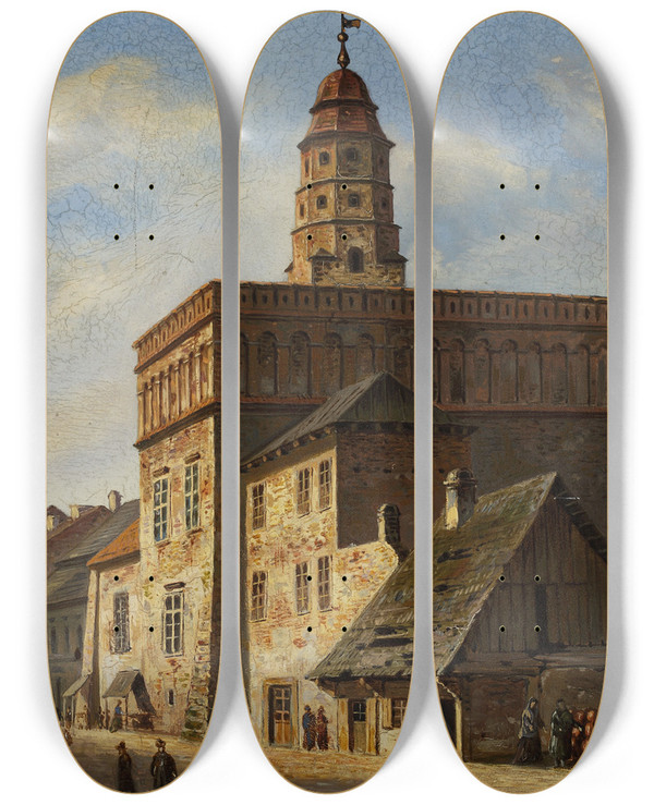 Triptych art skateboard deck of Aleksander Gryglewski Old Town Hall At The Wolnica Square In Kazimierz Krakw by Aleksander Gryglewski (1833-1879)
