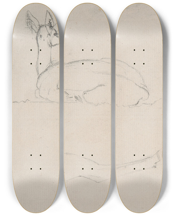 Triptych art skateboard deck of Samuel Daniell Study Of A Deer Resting Back View by Samuel Daniell (1775-1811)