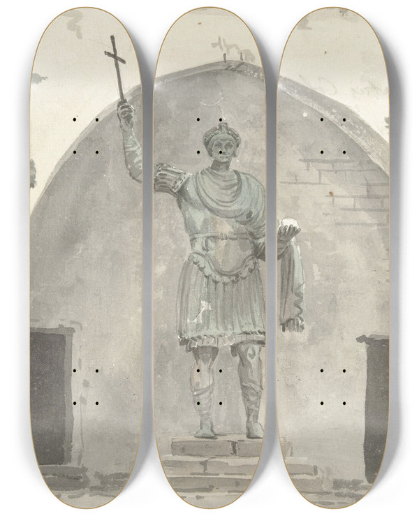 Triptych art skateboard deck of Abrahamlouisrodolphe Ducros Bronzen Beeld Van Keizer Op Het Marktplein Van Barletta by Abraham-Louis-Rodolphe Ducros (1748-1810)