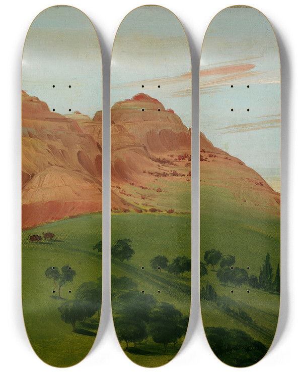 Triptych art skateboard deck of George Catlin View In The Grand Detour 1900 Miles Above St Louis by George Catlin (1796-1872)