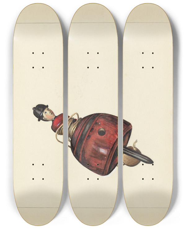 Triptych art skateboard deck of Mina Lowry Top With Winding String by Mina Lowry (1894-1942)