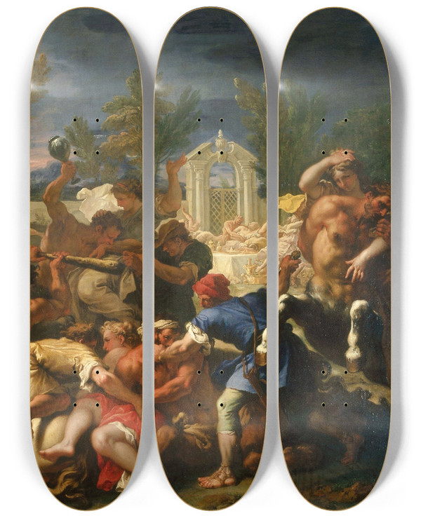 Triptych art skateboard deck of Sebastiano Ricci The Battle Of The Lapiths And Centaurs by Sebastiano Ricci (1659-1734)