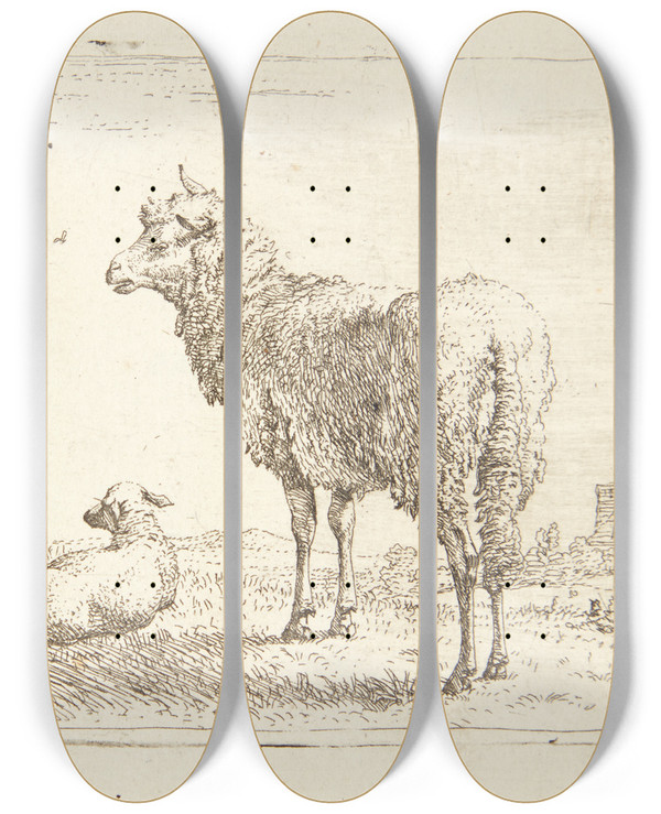 Triptych art skateboard deck of Karel Dujardin Fr Med Et Lam by Karel Dujardin (1622-1678)