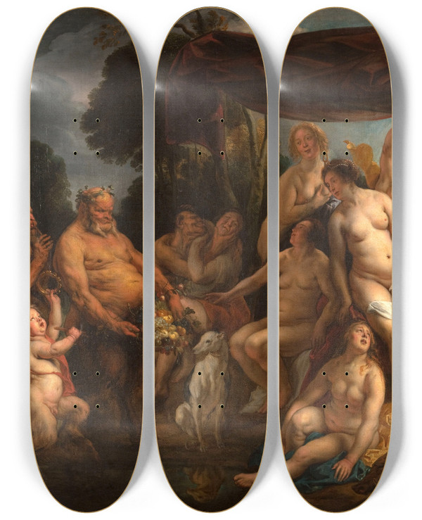 Triptych art skateboard deck of Jacob Jordaens Le Repos De Diane by Jacob Jordaens (1593-1678)