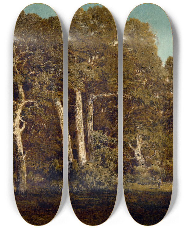 Triptych art skateboard deck of Thodore Rousseau The Great Oaks Of Old Basbrau by Theodore Rousseau (1812-1867)