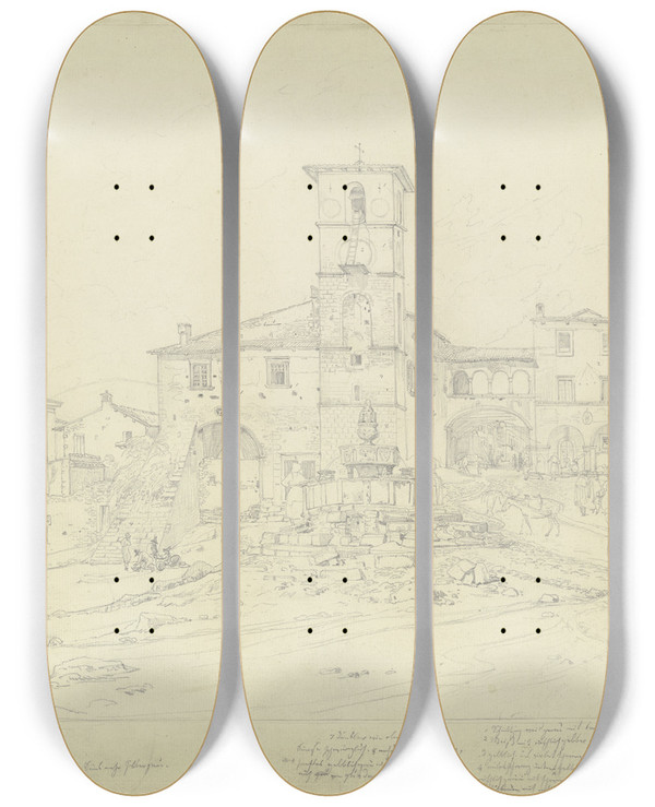 Triptych art skateboard deck of Theodor Pelissier Marktplatz Von Civita Ducale In Den Abruzzen by Theodor Pelissier (1794-1863)