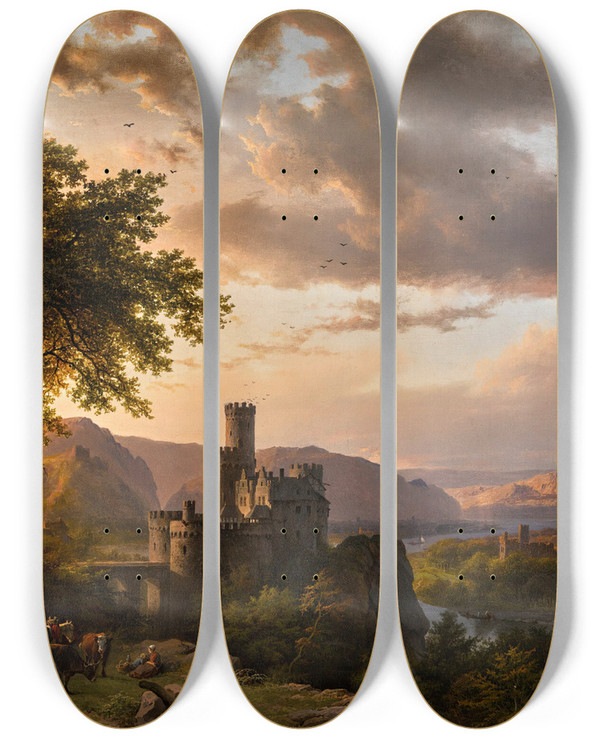 Triptych art skateboard deck of Barend Cornelis Koekkoek A Hilly Landscape With Castle And Travelers On A Path by Barend Cornelis Koekkoek (1803-1862)
