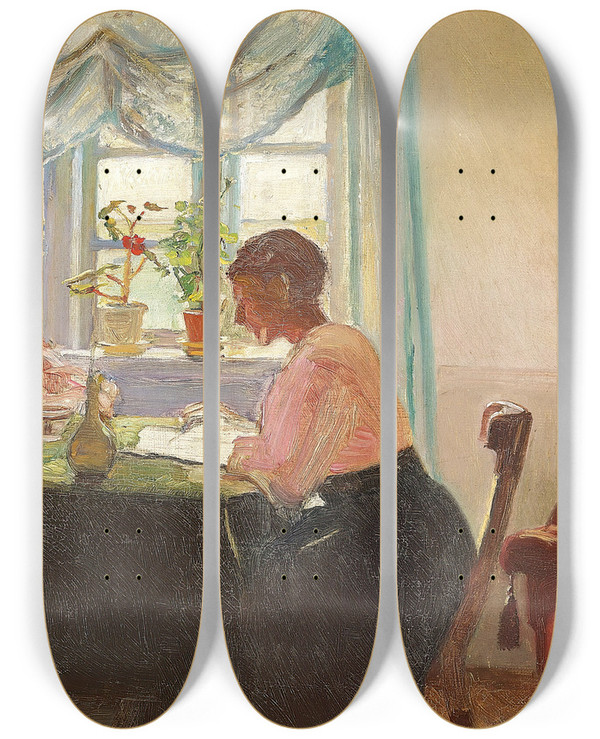 Triptych art skateboard deck of Michael Ancher Lektielsning Ved Vinduet by Michael Ancher (1849-1927)