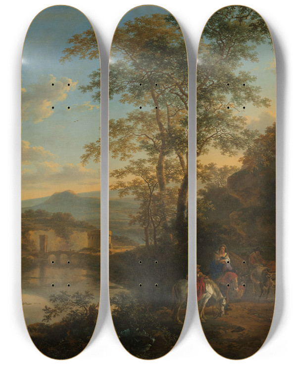 Triptych art skateboard deck of Jan Both Italian Landscape With The Ponte Lucano Over The Aniene River by Jan Both (1618-1652)