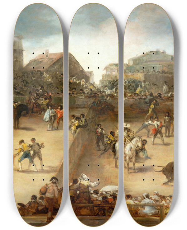 Triptych art skateboard deck of Francisco De Goya Bullfight In A Divided Ring by Francisco de Goya (1746-1828)