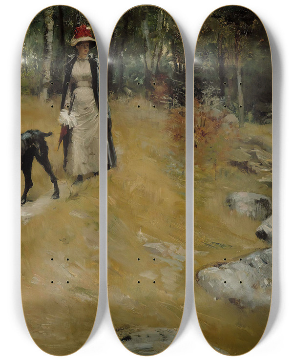 Triptych art skateboard deck of Albert Edelfelt On The Shore Bank Annie Edelfelt With A Dog by Albert Edelfelt (1854-1905)