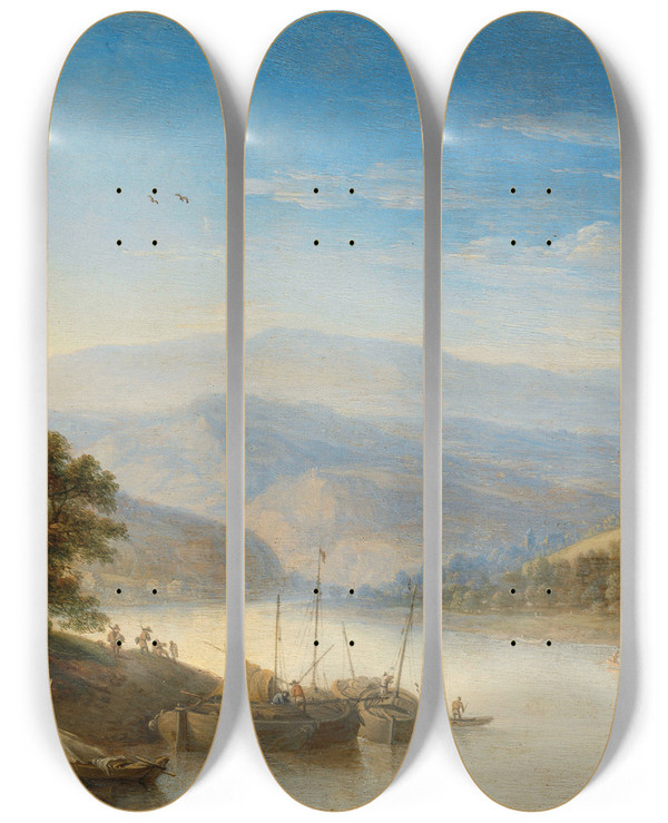 Triptych art skateboard deck of Herman Saftleven View Of The Rhine River Near Andernach by Herman Saftleven (1609-1685)