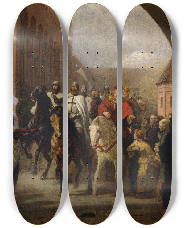 Triptych art skateboard deck of Carl Steffeck Entering Of The Knights In The Marienburg Study by Carl Steffeck (1818-1890)