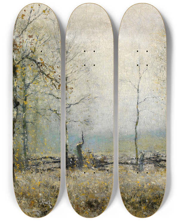 Triptych art skateboard deck of Bruce Crane The Fall Season by Bruce Crane (1857-1937)