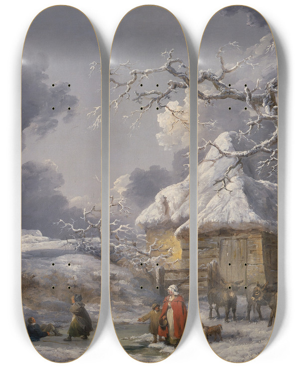 Triptych art skateboard deck of George Morland Winter Landscape With Figures by George Morland (1763-1804)