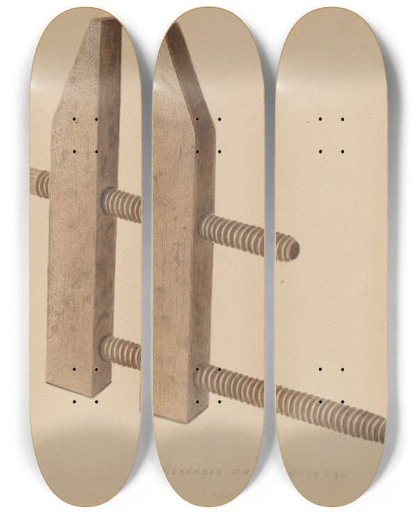 Triptych art skateboard deck of Alexander Anderson Carpenters Clamp by Alexander Anderson