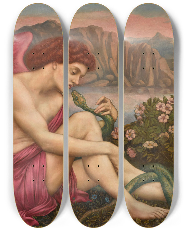 Triptych art skateboard deck of Evelyn De Morgan The Angel With The Serpent by Evelyn De Morgan (1855-1919)