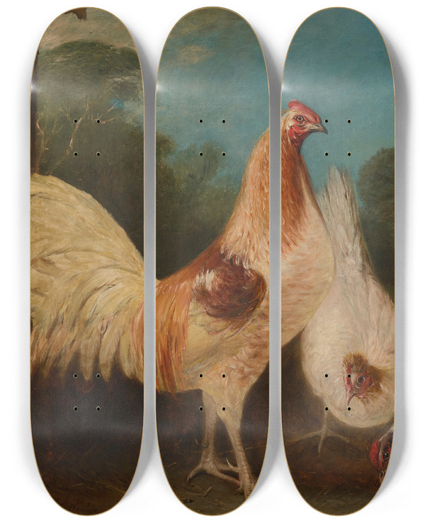 Triptych art skateboard deck of John Ferneley Chickens In A Barnyard by John Ferneley (1782-1860)