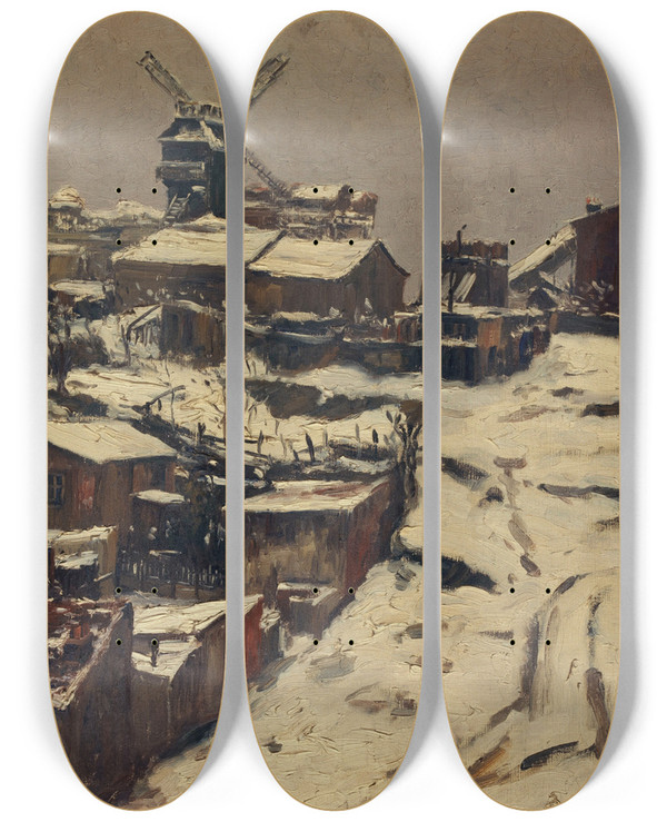 Triptych art skateboard deck of Georges Chenardhuch Montmartre Effet De Neige by Georges Chenard-Huch (1864-1937)