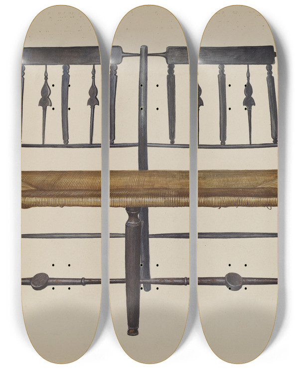 Triptych art skateboard deck of Amos C Brinton Settee by Amos C Brinton