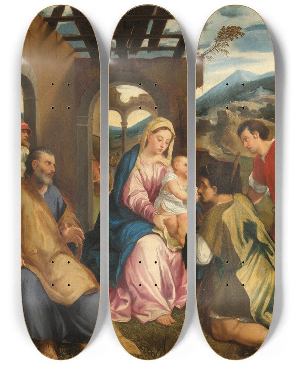 Triptych art skateboard deck of Bonifacio Veronese Adoration Of The Shepherds by Bonifacio Veronese (1487-1553)