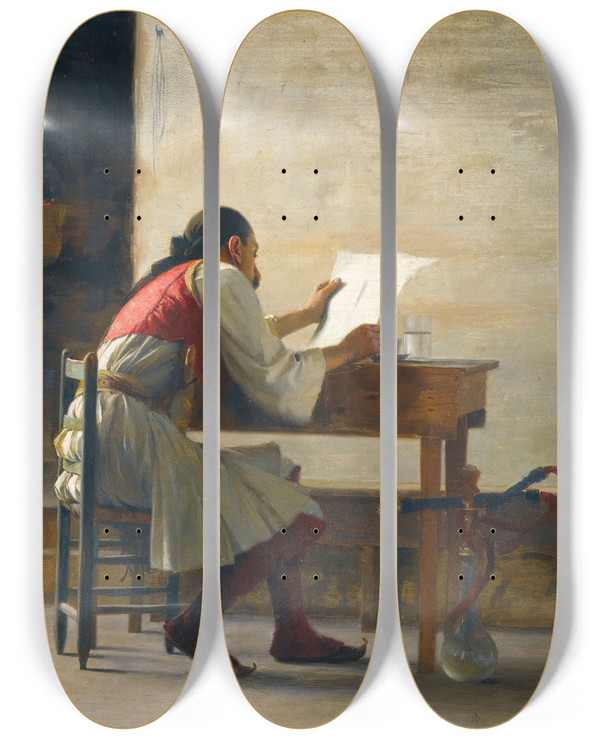 Triptych art skateboard deck of Theodoros Ralli A Good Read by Theodoros Ralli (1852-1909)