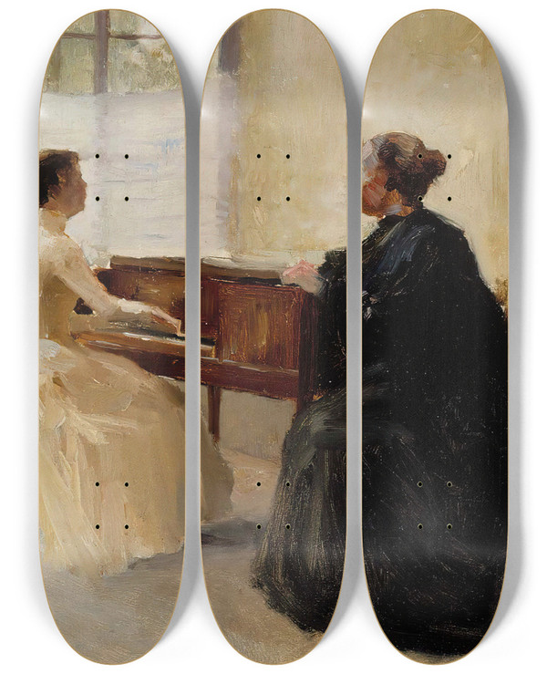 Triptych art skateboard deck of Albert Edelfelt In The Drawing Room At Haikko Study by Albert Edelfelt (1854-1905)