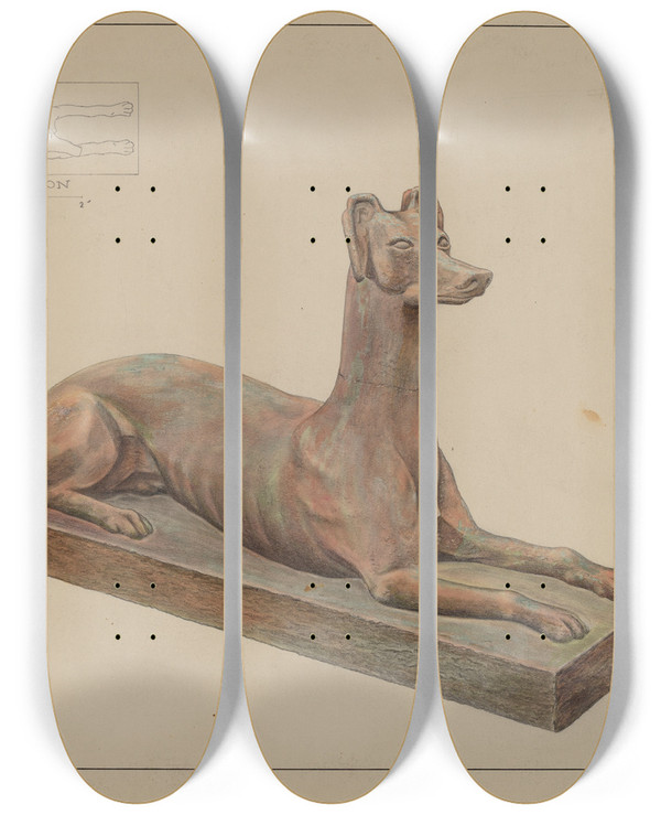 Triptych art skateboard deck of Francis Law Durand Cast Iron Dog by Francis Law Durand (1935)