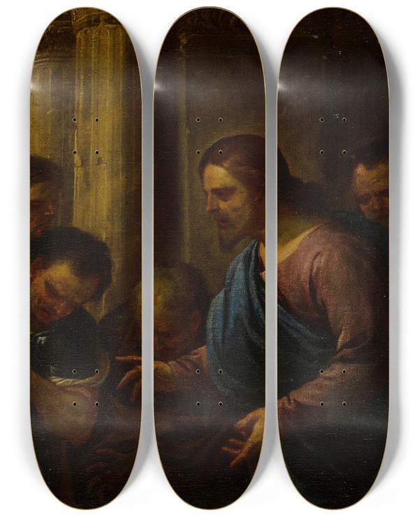 Triptych art skateboard deck of Luca Giordano Christ And The Adulteress by Luca Giordano (1634-1705)