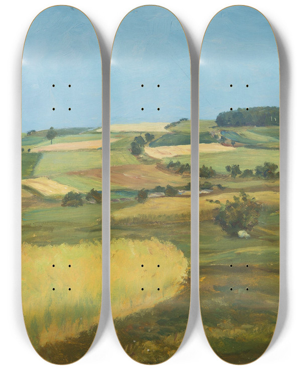 Triptych art skateboard deck of Frantiek Kavn Mountain Fields by Frantisek Kavan (1866-1841)