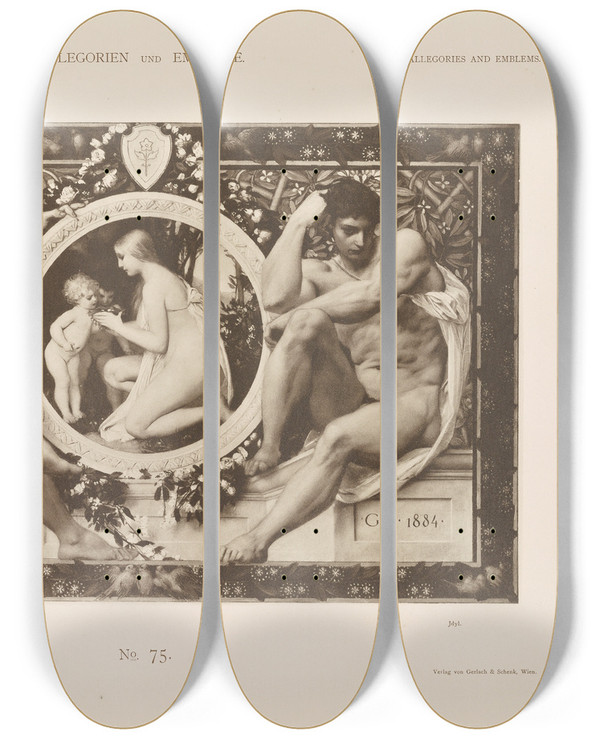 Triptych art skateboard deck of Albert Ilg Allegorien Und Embleme Vol I Pl088 by Albert Ilg (1847-1896)