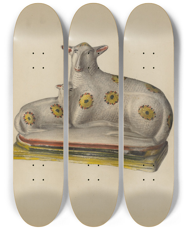 Triptych art skateboard deck of Mina Lowry Pa German Chalkware Sheep by Mina Lowry (1894-1942)