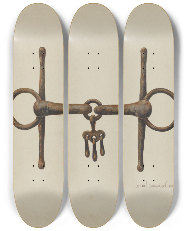 Triptych art skateboard deck of Ethel Dougan Snaffle Bit by Ethel Dougan