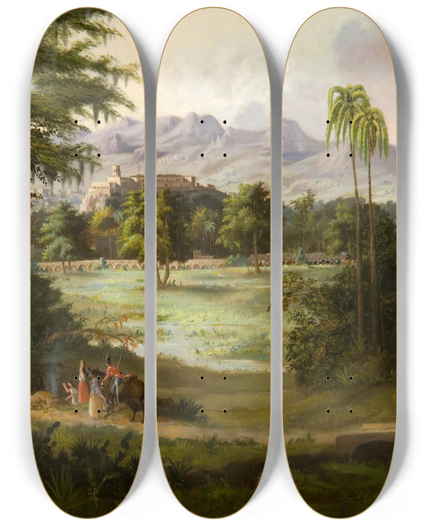 Triptych art skateboard deck of Robert S Duncanson Chapultpec Castle by Robert S Duncanson (1821-1872)