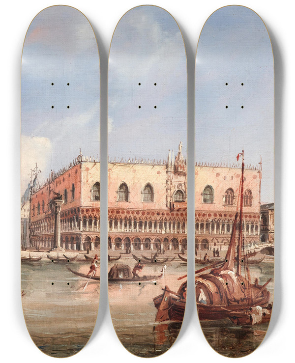 Triptych art skateboard deck of Carlo Grubacs Venice A View Of The Piazzetta And The Doges Palace From The Bacino Di San Marco by Carlo Grubacs (1812-1870)