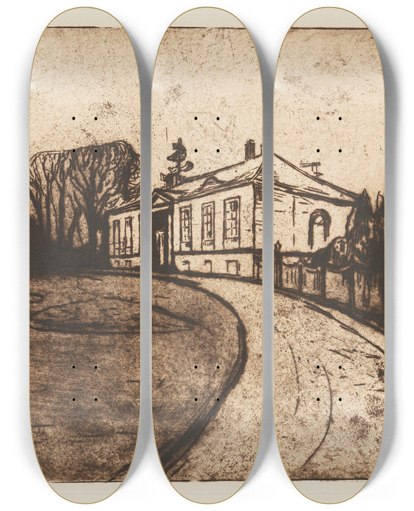 Triptych art skateboard deck of Edvard Munch Das Haus by Edvard Munch (1863-1944)